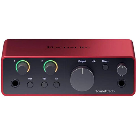 Scarlett Solo USB-C Audio Interface 4th Gen front view, red compact design with control knobs for home studio use.