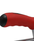 Close-up of cushioned handle on stainless steel tile trowel with 1/4 inch by 3/8 inch U notch 11 inch blade rugged rust proof construction.