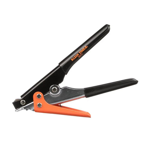 Pro Grade Heavy Duty Cable Tie Tensioning Tool For 120 To 250 Pound Ties Delivers Up To 65 Pound Tension Supports Fifteen Thirty Second Inch Wide Ties Grippy Handle For Easy Secure Fastening On The Job with black and orange handles.