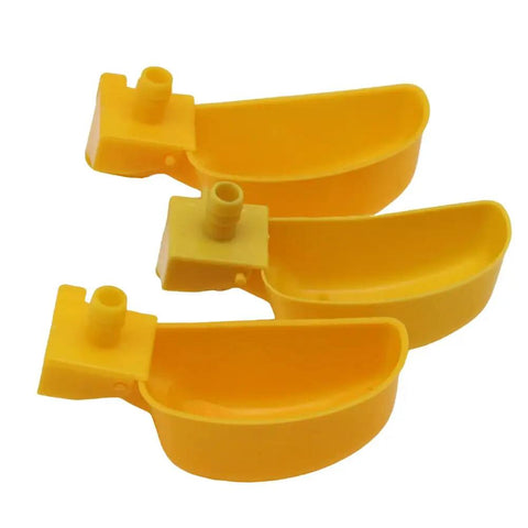 Top Tier Auto Fill Quail Water Cups 12 Pack Yellow Clip On Cage Drinkers, three plastic auto drinker cups, 1.97in by 4.2in sizes.
