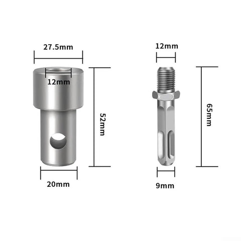Auger Adapter Tool With Four Interface Types For Round Handle Hexagonal And Electric Wrench Connections showing dimensions