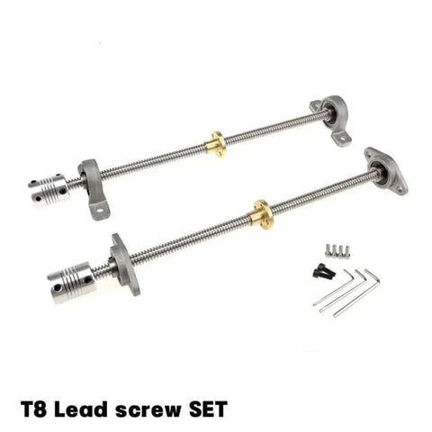 Upgrade Your 3D Printer Rig With This Reliable T8 Lead Screw Kit For Smooth Vertical Or Horizontal Motion On Any Desktop Setup Featuring 8mm Diameter And 2mm Pitch Fits KFL08 And KP08 Linear Bearings For Precise Control On Each Build. T8 lead screw set with couplers, bearings, and mounting hardware