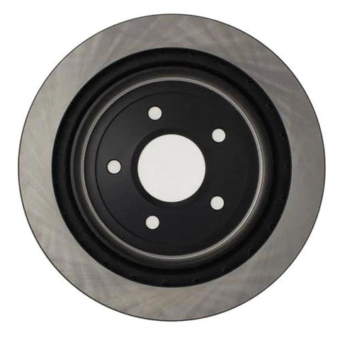 Centric Premium rear right brake rotor, front view with steel disc and black center hub with four lug holes.