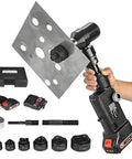 Rechargeable Hydraulic Hole Punch Kit With 80KN Power 6 Die Set shown punching metal sheet, includes dual batteries and LED display.