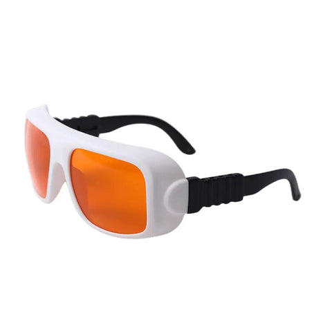 Top Shelf Laser Safety Goggles With Hardcore Ultraviolet And Green Laser Defense Featuring OD5 Optical Density Across Excimer Argon Ranges, white and black frame with orange lenses.