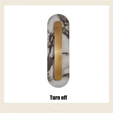 Modern Minimalist Long Marble Wall Sconce Nordic Alabaster Wall Mount Light Fixture showing text 'Turn off' with gold metal.