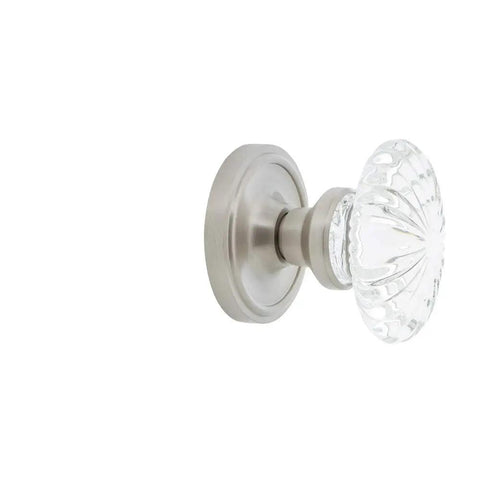 Classic Rosette With Oval Fluted Crystal Glass Knob, Double Dummy Door Hardware In Satin Nickel Finish For Interior Doors With Push Pull Function
