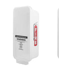 White Surface Mount Fire Extinguisher Cabinet With Clear Pull Cover For Two And A Half Or Five Pound Unit Lock Box side view.