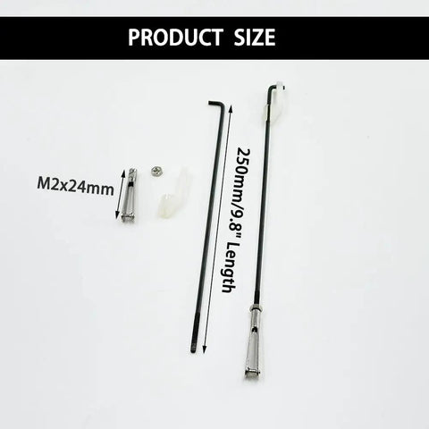 Four Pack RC Airplane Metal Clevis Kit With Push Rods And Swing Keepers For RC Planes And Helis DIY Model Aircraft Fixed Wing Parts Connection Accessories M2 250mm Length Push Rods displayed with measurements
