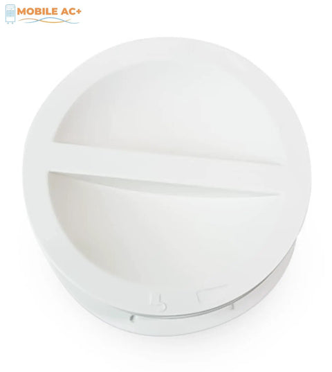 Mobile AC Dual Size Wall Mount Connector For Portable Air Conditioner Exhaust Hose Vent with off season cover, white, top view