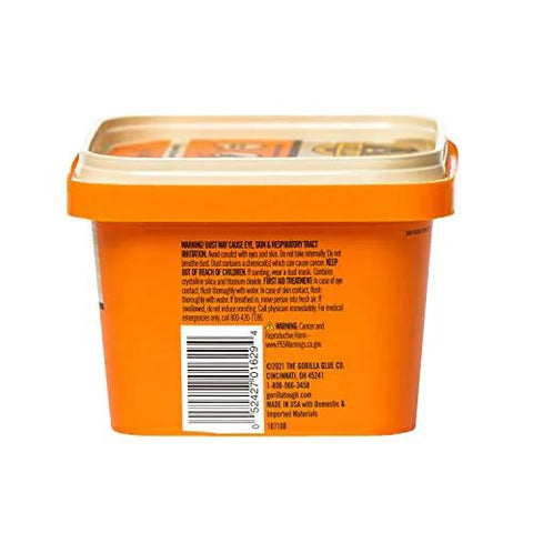Side view of orange Gorilla All-Purpose Wood Filler tub, natural finish, 16 oz, water resistant.
