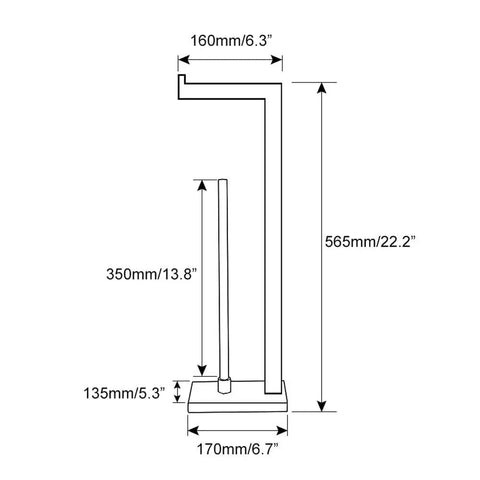 Diagram of Free Standing Toilet Paper Holder With Reserve, SUS 304 Stainless Steel Floor Stand Tissue Roll Holder, dimensions labeled.