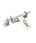 Heavy Duty Stainless Steel Slide Bolt Gate Latch With Tough As Nails Barrel Lock For Barn And Warehouse Doors. Close-up view.