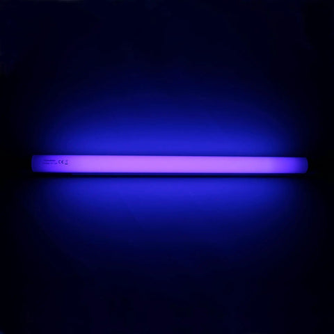 Two Pack 18 Inch Black Light Bulbs F15T8 BL350 15W UV A G13 Bi Pin Tubes glowing in dark room