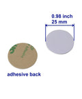 Writable 125kHz RFID Sticker Cards Set 10 Pcs 25mm Dia T5577 Proximity Blank Tags showing front and adhesive backing