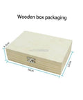 Angled front view of a wooden storage box with metal latch; dimensions 16 × 12 × 4.5 cm