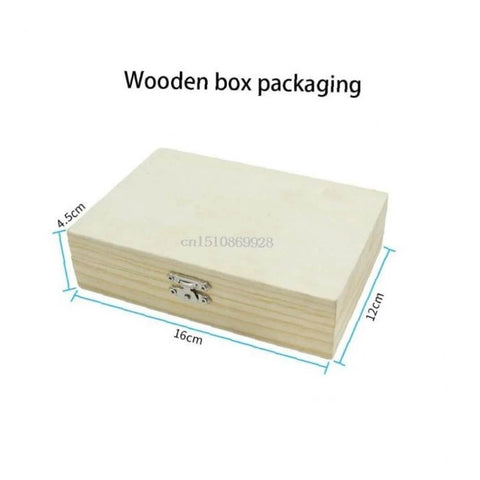 Angled front view of a wooden storage box with metal latch; dimensions 16 × 12 × 4.5 cm