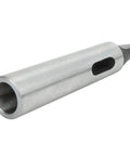 Metal MT3–MT2 taper drill sleeve reducing adapter; hollow bore, silver finish, with oval side window.