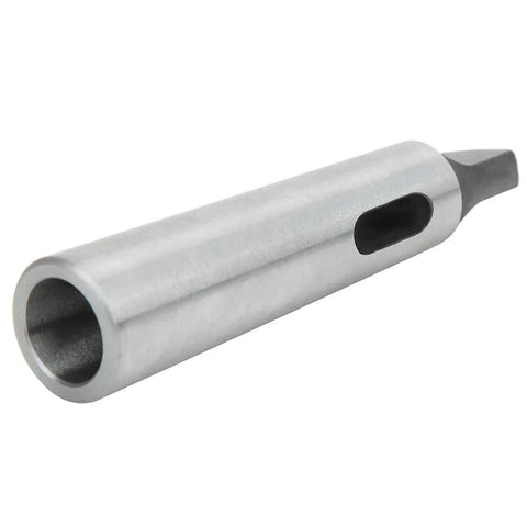Metal MT3–MT2 taper drill sleeve reducing adapter; hollow bore, silver finish, with oval side window.