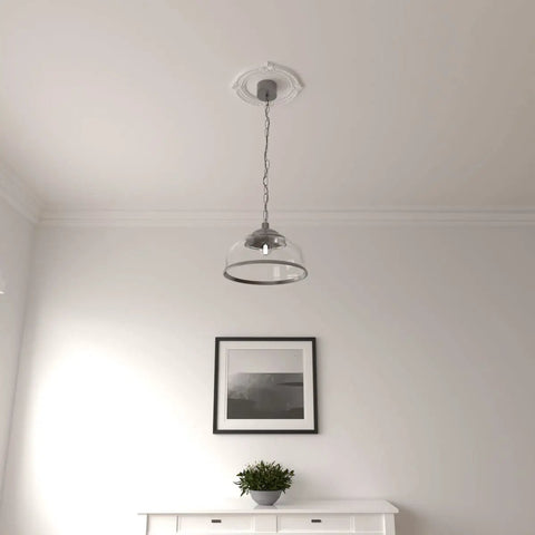Benson Ceiling Medallion 13 1/8 Inch Exterior Diameter, 8 Inch Interior Diameter, installed with pendant light in modern room