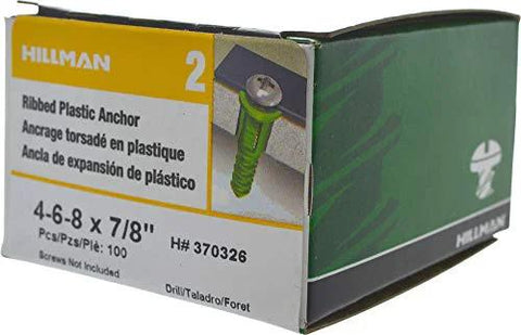 Box of Ribbed Plastic Anchor 4-6-8 X 7/8 Inch, Yellow, for hard surfaces without studs, pre-drilling required, 100 count