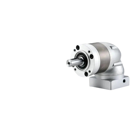 Right Angle Planetary Gear Reducer Compatible With Servo And Stepper Motors, silver metal, compact design for industrial use.
