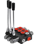 Front view of a black 3-spool hydraulic control valve with three vertical metal levers and red port plugs.