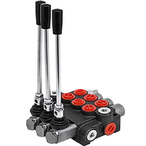 Front view of a black 3-spool hydraulic control valve with three vertical metal levers and red port plugs.