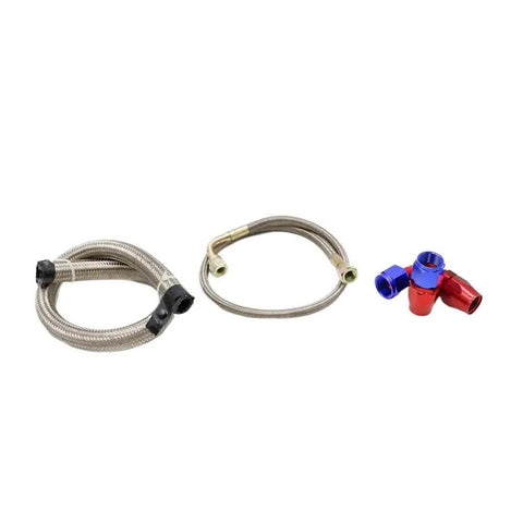 Boost Your Ride With This Turbocharger Oil Drain Feed Line Kit Built Solid For Toyota 1JZGTE And 2JZGTE Engines To Prevent Leaks And Keep Performance Strong: braided stainless steel hoses and anodized fittings
