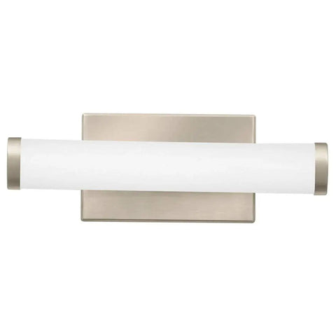 Front view of 12-Inch LED Vanity Light Fixture in Brushed Nickel, 90 CRI, MVOLT with 30K 35K 40K Color Temp, sleek cylinder design