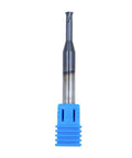 Front view of a 1/4 in solid carbide thread end mill, 4-flute, necked to 0.5 in deep, mounted on blue plastic holder