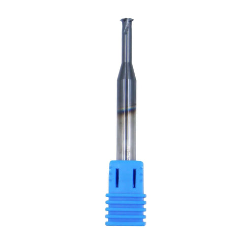 Front view of a 1/4 in solid carbide thread end mill, 4-flute, necked to 0.5 in deep, mounted on blue plastic holder