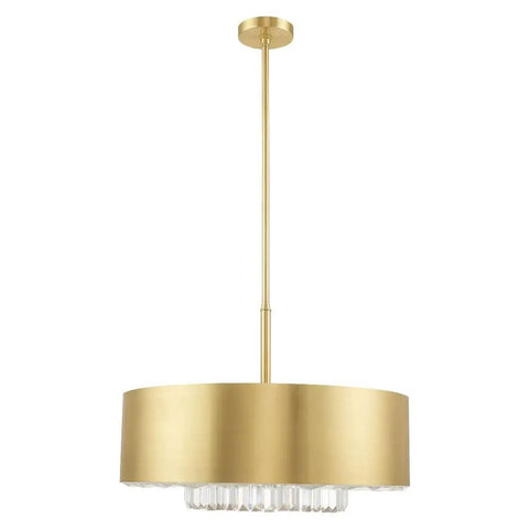 Gorgeous Six Light Pendant Featuring Brushed Nickel Drum Shade And Clear Faceted K9 Crystals, gold finish, modern design, stylish lighting.