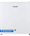 1.4 Cu Ft Compact All Freezer In Crisp White Offering No Fuss Manual Defrost And Relentless Subzero Chill To Keep Your Goods Locked Up Cold Perfect Low Key Setup For Small Kitchens And Apartments front view with a blue medical label.