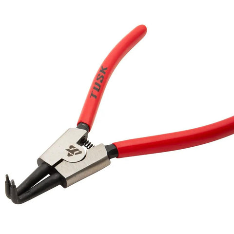 Heavy Duty Snap Ring Plier Set Four Piece Stainless Steel Includes 45 Degree Internal And External Pliers And Straight Internal And External Pliers For Easy Circlip Removal And Installation showing red-handled plier close-up