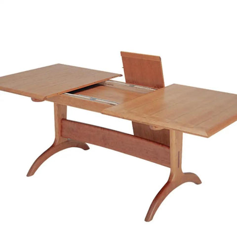 Heavy Duty Twenty Eight Inch Wood Table Extension Slides Packing Slick Rack And Pinion Action For Dead Smooth One Handed Leaf Movement And Zero Sweat Furniture Upgrade Projects, showing extended wooden dining table.