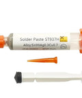 Lead Free Solder Paste Sn99 Ag0.3 Cu0.7 No Clean Flux 35g syringe with plunger and tip for quick soldering, RoHS compliant.