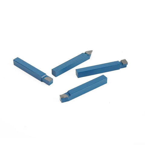 Four blue 1/4 inch carbide lathe tool bits from Ten Piece One Quarter Inch Carbide Lathe Tool Bits Set For Metal Cutting High Hardness Tips