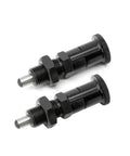 Rock Solid Push Fit Ball Nose Carbon Steel Spring Knob Plunger With Self Locking Retractable Index Pin For Heavy Duty Industrial Positioning And Fixing Hardware M10 Thread, two black steel plungers.