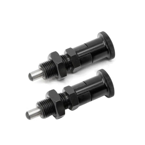 Rock Solid Push Fit Ball Nose Carbon Steel Spring Knob Plunger With Self Locking Retractable Index Pin For Heavy Duty Industrial Positioning And Fixing Hardware M10 Thread, two black steel plungers.