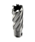OSCARBIDE 7/8x2 in annular cutter, close-up view, 3/4 in Weldon shank with pilot pin for magnetic drill press