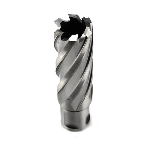 OSCARBIDE 7/8x2 in annular cutter, close-up view, 3/4 in Weldon shank with pilot pin for magnetic drill press