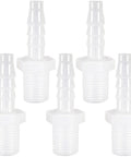 Group of six white plastic hose barb fittings, 1/4 inch barb to 1/4 inch NPT male thread adapters.