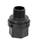 Front view of black Banjo CV100MT polypropylene check valve, 1 in male to 1 in female NPT