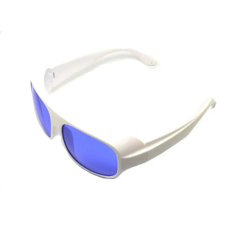 Heavy Duty Laser Safety Glasses With Top Shelf OD4 Plus Protection For Yellow Pulsed Dye Lasers And Clinical Dermatology Work Certified Eye Safety Gear For Hospitals And Labs in white frame with blue lenses