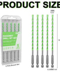 Front view of a five-piece boxed masonry drill bit set with carbide tips, hex shanks, 3/16 in (5 mm) diameter, 6 in length.