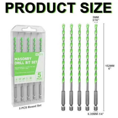 Front view of a five-piece boxed masonry drill bit set with carbide tips, hex shanks, 3/16 in (5 mm) diameter, 6 in length.