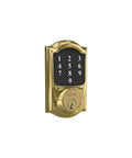 Built Tough Touchscreen Deadbolt Lock With Bright Backlit Keypad For Front Door Entry showing brass finish and keypad design.