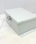 R3 Industrial Control Panel Enclosure Model 806Chnf gray built tough for the shop floor, side view with latch, heavy-duty metal cabinet