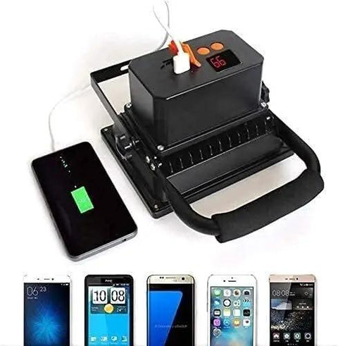 JUDYSSY Led Floodlight 200W Led Floodlight with Remote Control, black remote work light charging with smartphones on the side.